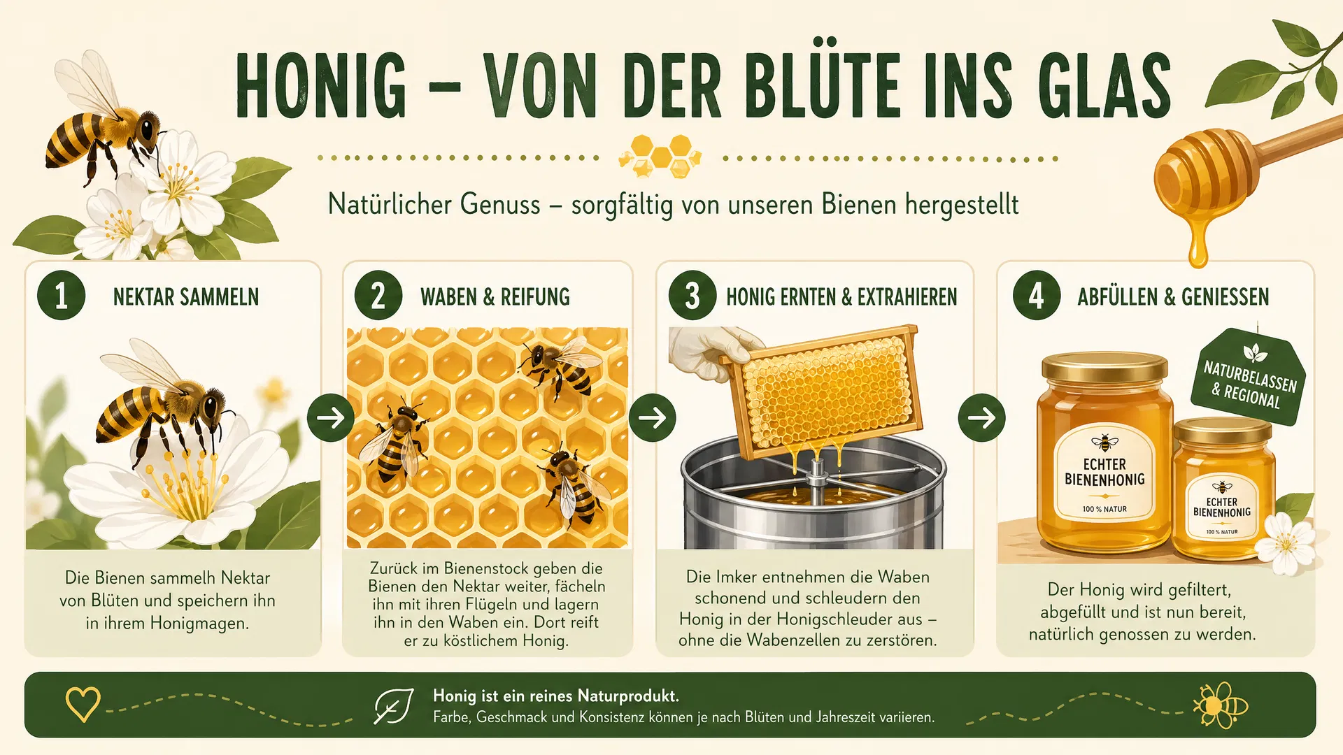 Infografik: Vier Schritte vom Nektar zum Honigglas — Nektar sammeln, Waben und Reifung, Honig ernten und extrahieren, Abfüllen